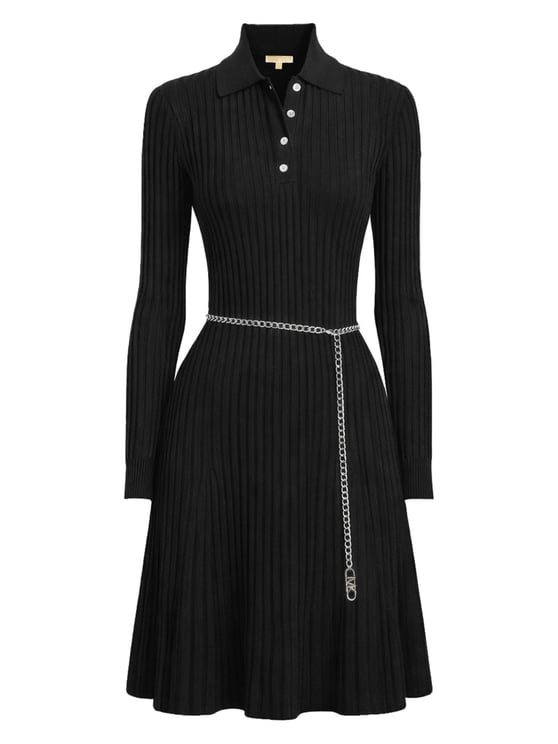 Michael Kors Neutrals Ribbed Polo Collar Chain Belt Mini Dress
