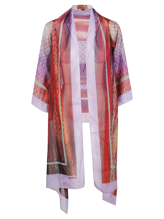 Missoni Flowing Silk Dressing Gown with Multicolored Pattern and Lilac Trim