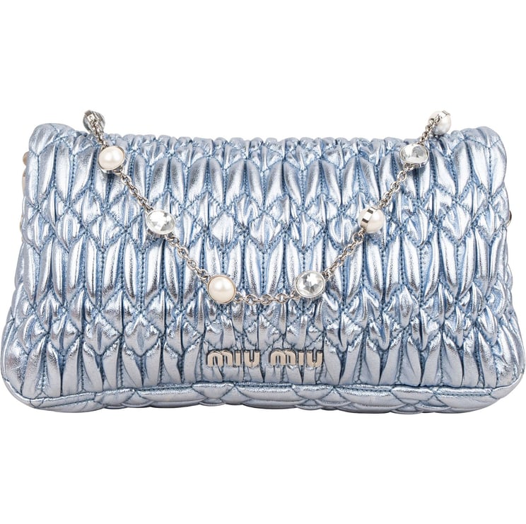 Miu Miu Miu Miu Metallic Matelassé Nappa Leather Crystal Embellished Crossbody Bag