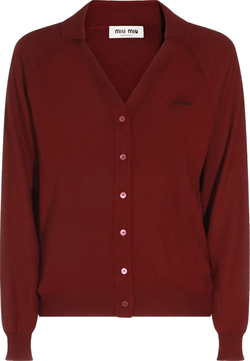 Miu Miu Burgundy Wool V-Neck Button Cardigan