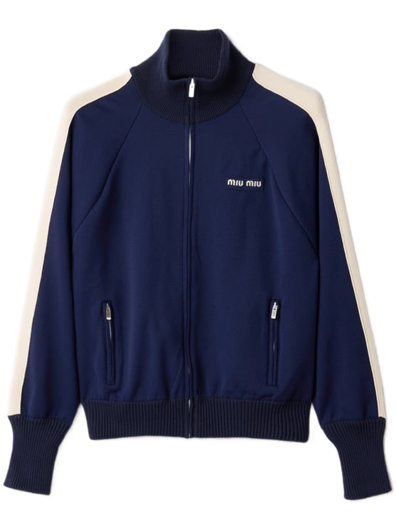 Miu Miu Sporty Blue Nylon Double Cardigan with High Collar