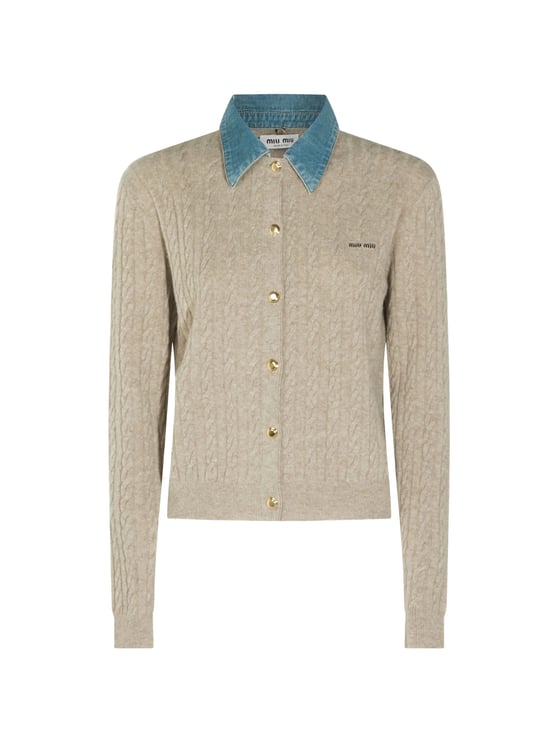 Miu Miu Cable Knit Wool Cashmere Cardigan With Denim Collar