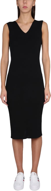 Moncler V-Neck Knit Dress with Moncler Logo Detail