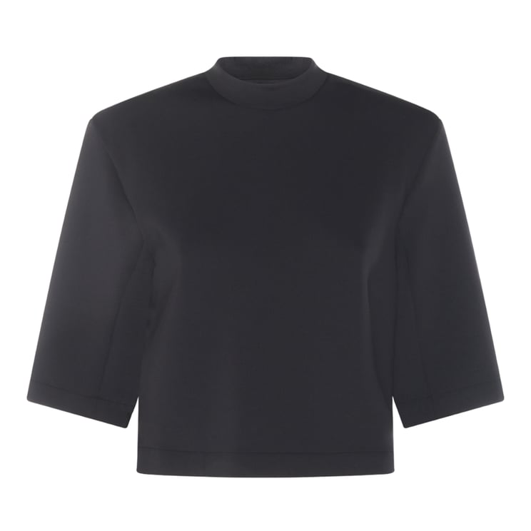 Moncler Cropped Black Top With High Neckline And Elbow-Length Sleeves