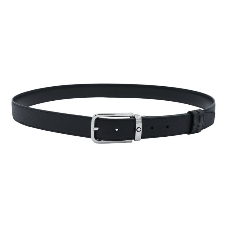 Montblanc Textured Black Leather Belt with Polished Silver Buckle