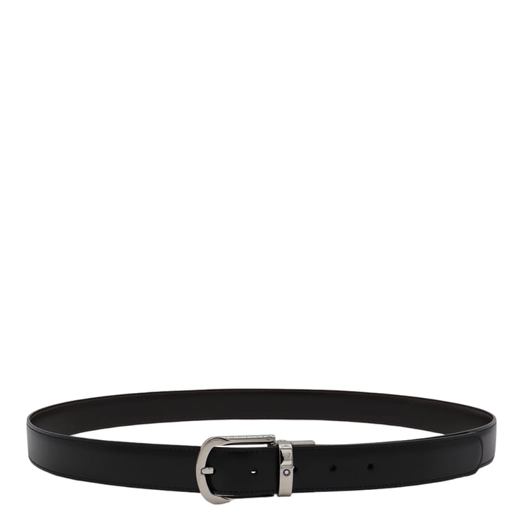 Montblanc Black Leather Belt with Polished Silver-tone Buckle
