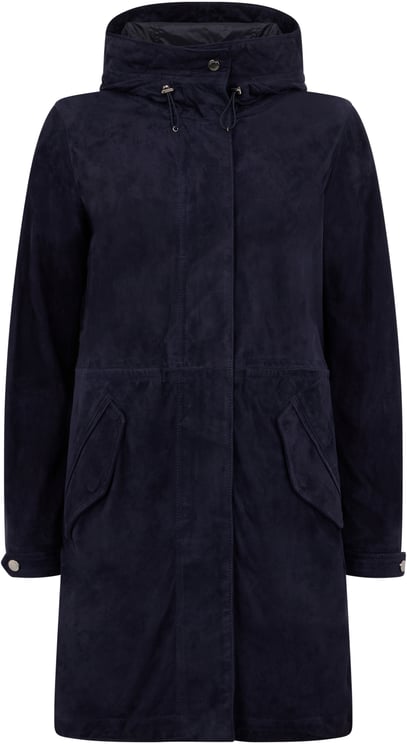Moorer Elegant dark blue long coat down to the knee.