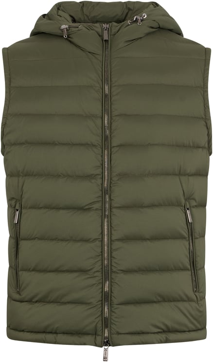 Moorer Green sleeveless jacket, minimal and versatile.