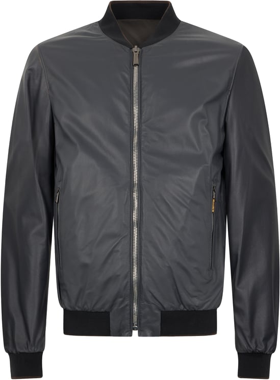 Moorer Gray leather jacket with zipper and pockets.