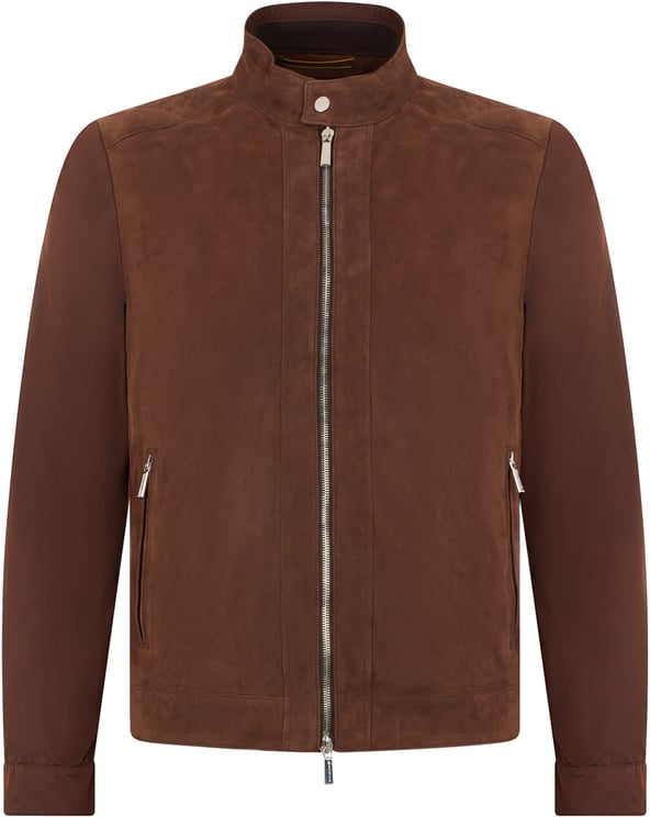 Moorer Brown leather jacket with zip and high collar.