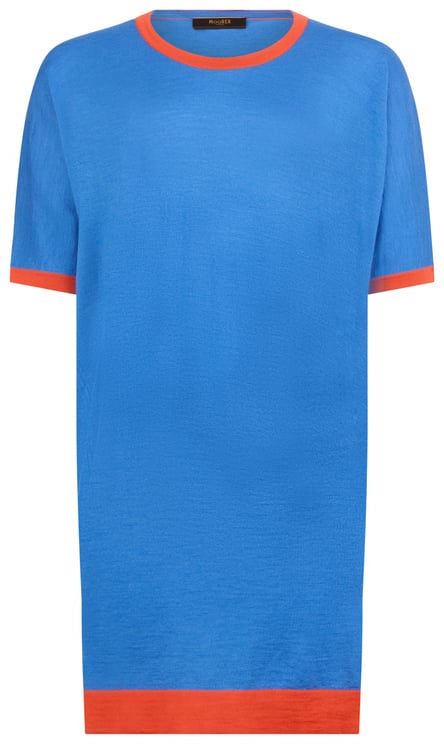 Moorer Blue t-shirt style dress with bright orange details.