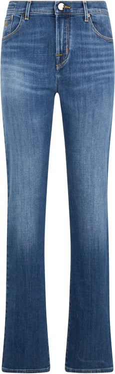 Moorer Blue denim flared pants with a high waist.