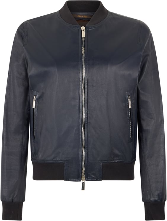 Moorer Blue leather jacket with zip and pockets