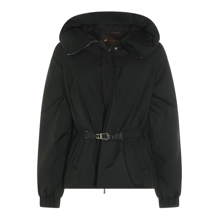 Moorer Short Black Coat with Padded Hood and Belted Waist