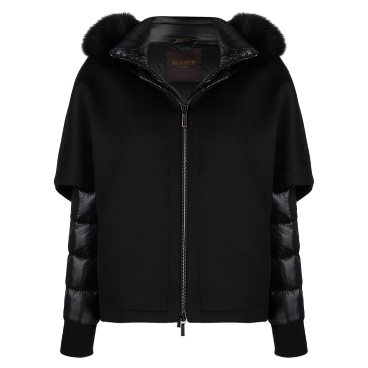 Moorer Black Quilted Sleeve Coat with Plush Fur Hood