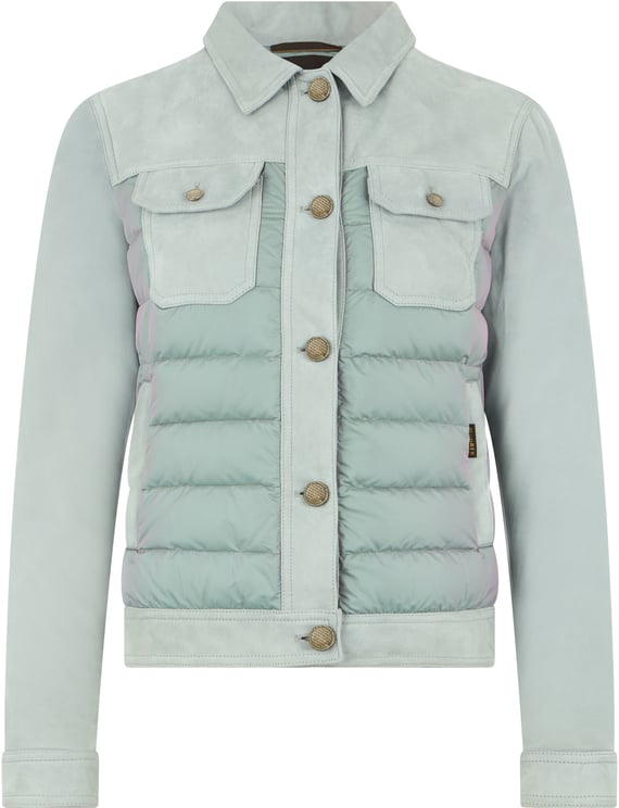 Moorer Blue down jacket with leather inserts, elegant and versatile