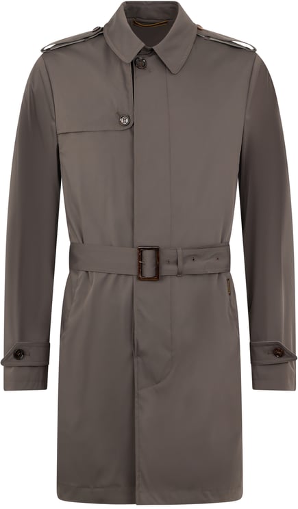 Moorer Elegant taupe color trench coat with belt and raised collar.