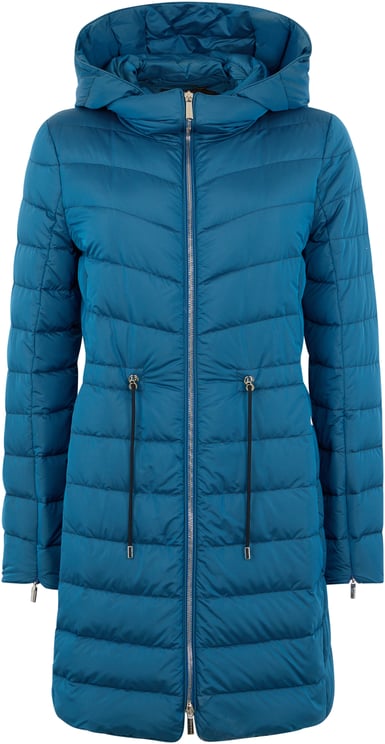 Moorer Long blue padded coat, minimal and elegant.
