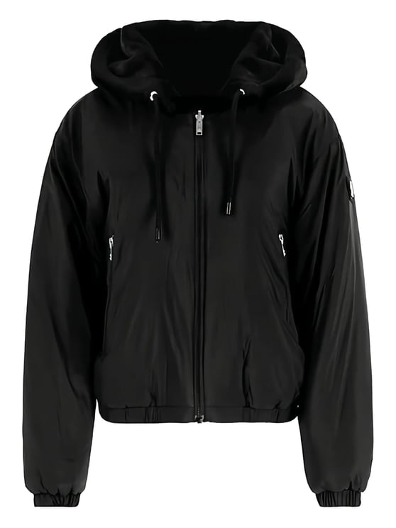 Moose Knuckles Cropped Black Faux Fur Jacket With Plush Hood And Zippered Pockets