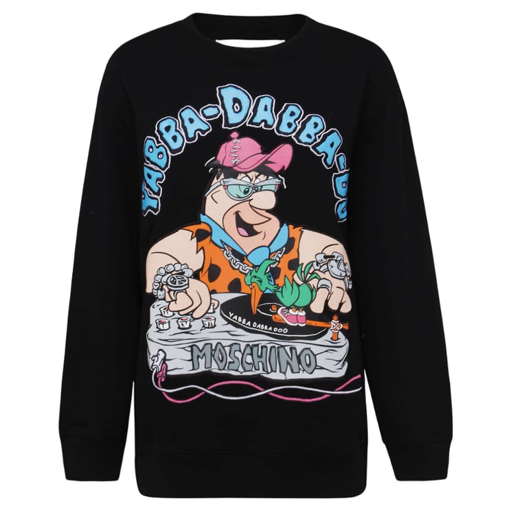 Moschino Relaxed Fit Black Sweater with Cartoon Graphic and Logo