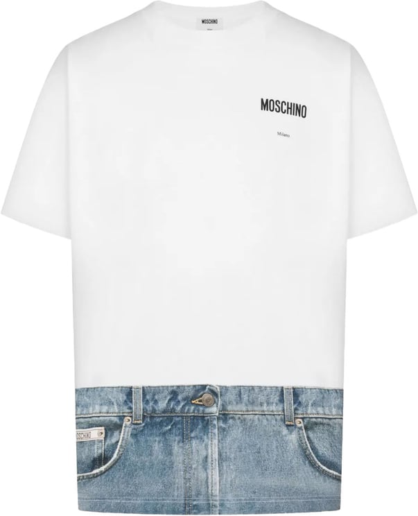 Moschino White T-Shirt With Denim-Inspired Hem Design