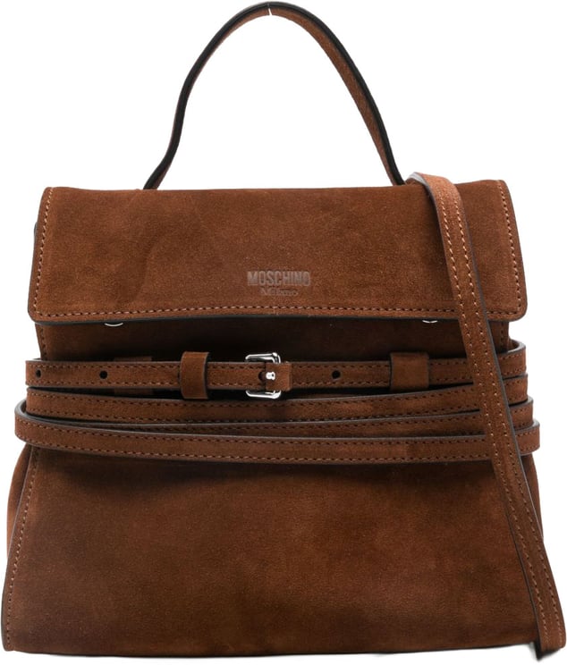 Moschino Structured Brown Suede Top Handle Shoulder Bag