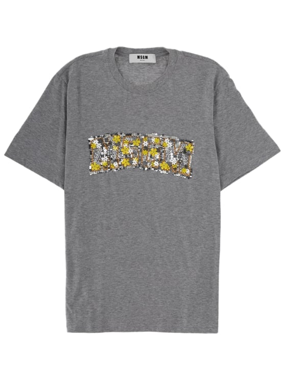 MSGM Black Sequin Floral Patch Cotton T-Shirt