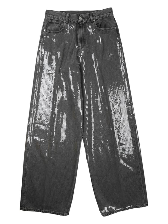 Nine in the Morning Black Sequin Embellished Cotton Wide-Leg Pants