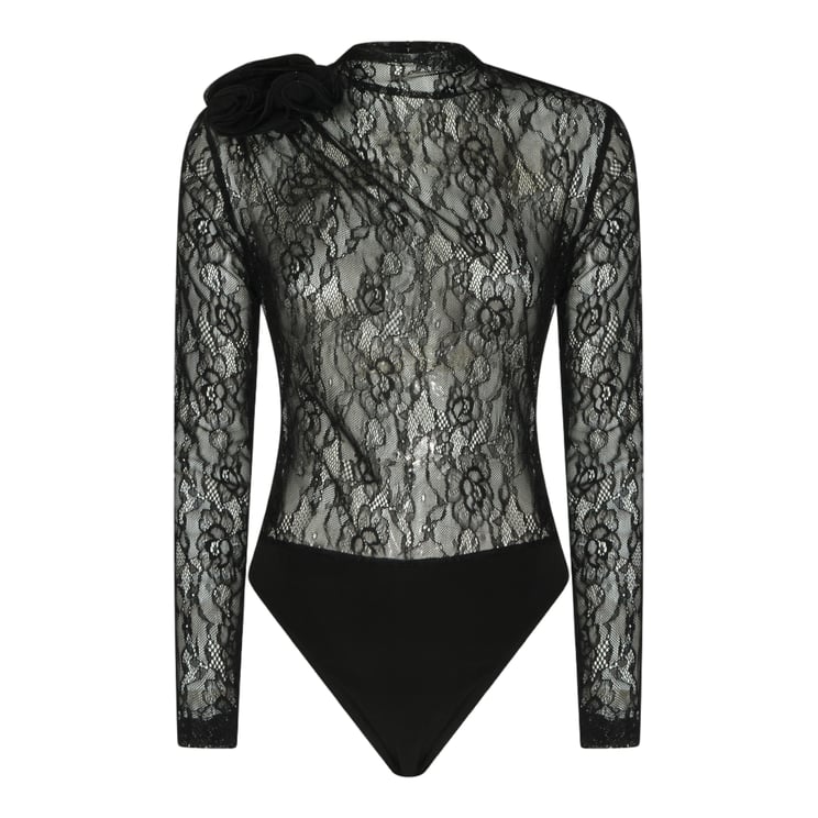 Nissa Fitted Black Lace Bodysuit With Floral Detail