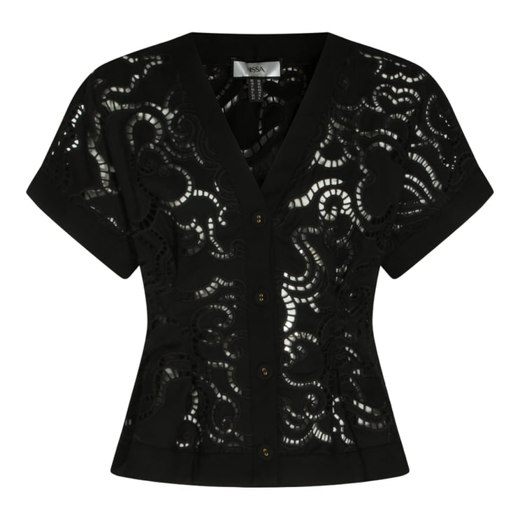 Nissa Fitted Black Tops with Lace Cutouts and V-Neckline