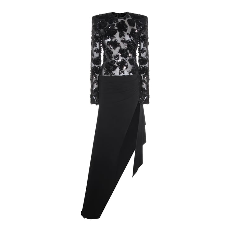 Nissa Asymmetrical Black Sequined Floral Appliqué Dress