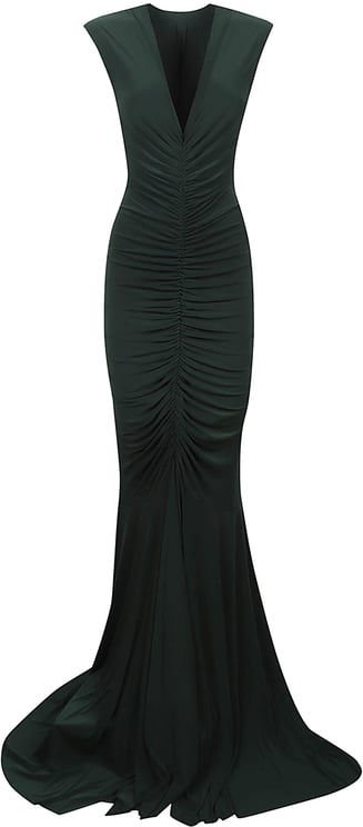 Norma Kamali Sleeveless Depp V Neck Shirred Front Fishtail Dress Green