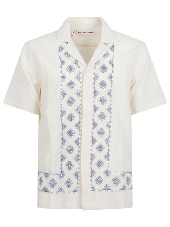 Orlebar Brown Short-Sleeved White Cotton Shirt with Carnival Embroidery