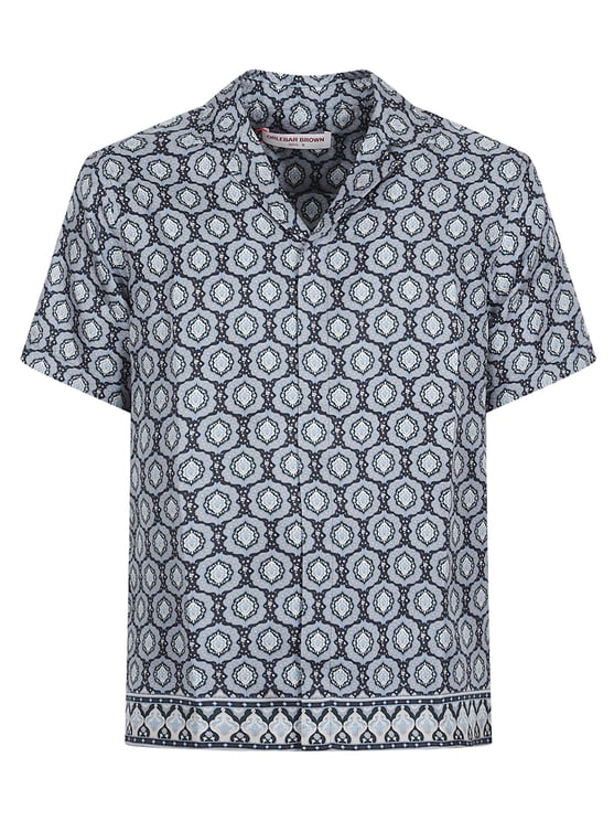 Orlebar Brown Short-Sleeved Silk Shirt with Exclusive Print and Pleated Back Yoke