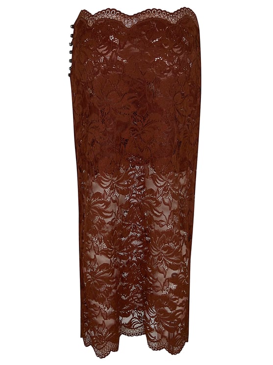 Paco Rabanne Brown Floral Lace Midi Skirt with Scalloped Hem