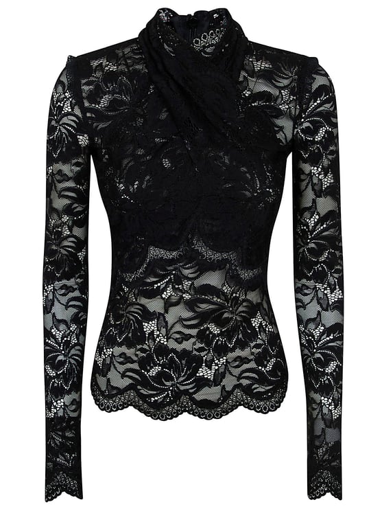 Paco Rabanne Intricate Black Lace Long-Sleeved Top with Scalloped Detailing