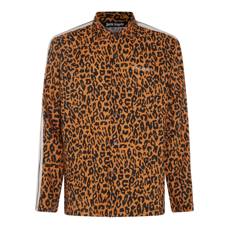 Palm Angels Leopard Print Casual Shirt with Striped Sleeves