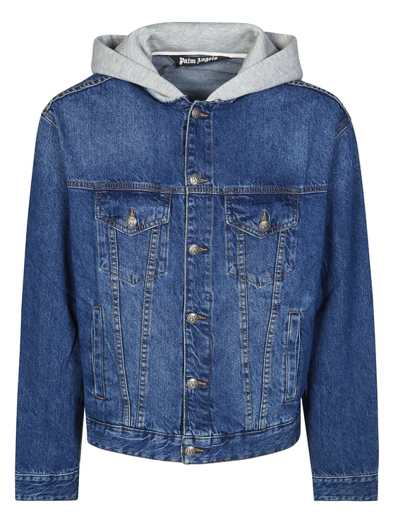Palm Angels Blue Curved Logo Hooded Denim Jacket