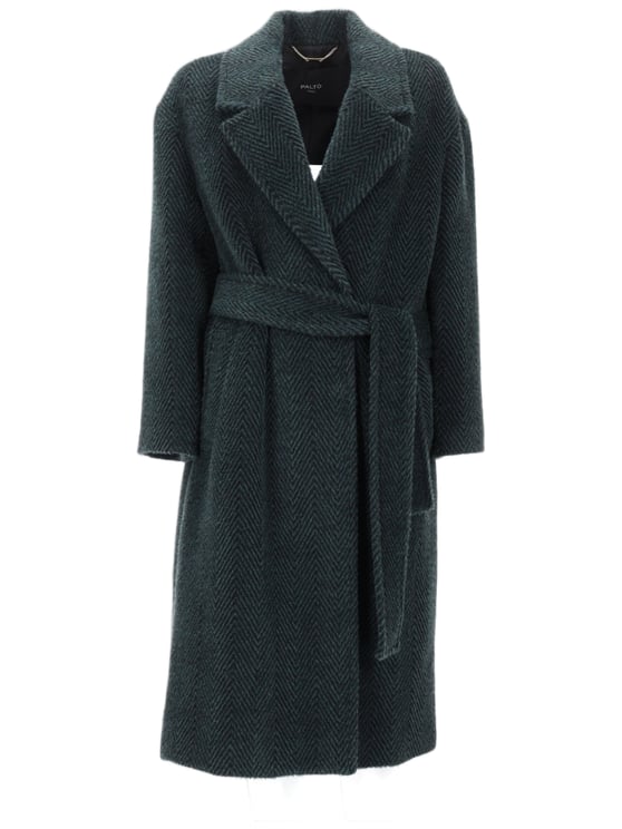 Palto Textured Herringbone Coat with Wide Lapel and Cinched Waist