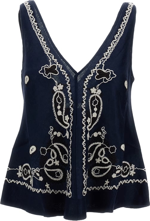 P.A.R.O.S.H. Intricately Embroidered Blue Linen Top with V-Neckline