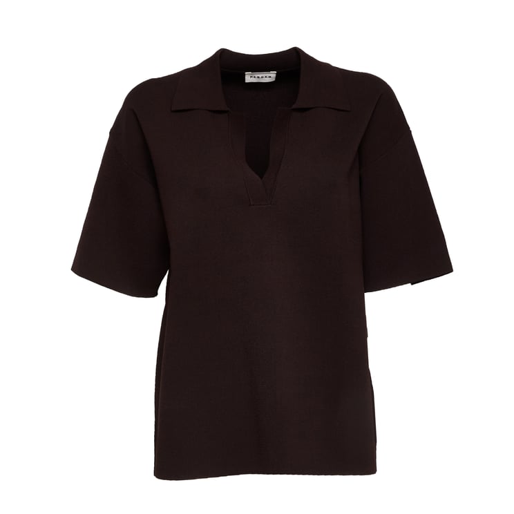 P.A.R.O.S.H. Brown Half Sleeve Top with Collar and V-Neckline