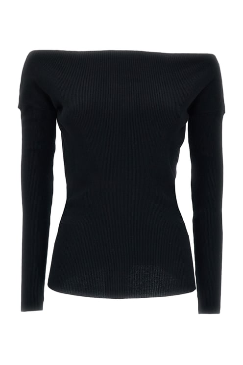 P.A.R.O.S.H. Black Ribbed Wool Off-Shoulder Top