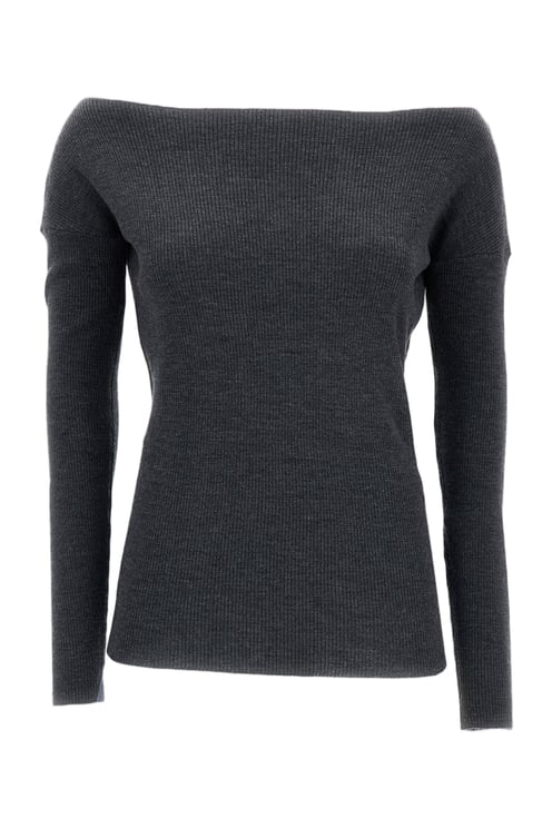 P.A.R.O.S.H. Grey Ribbed Wool Off-Shoulder Top