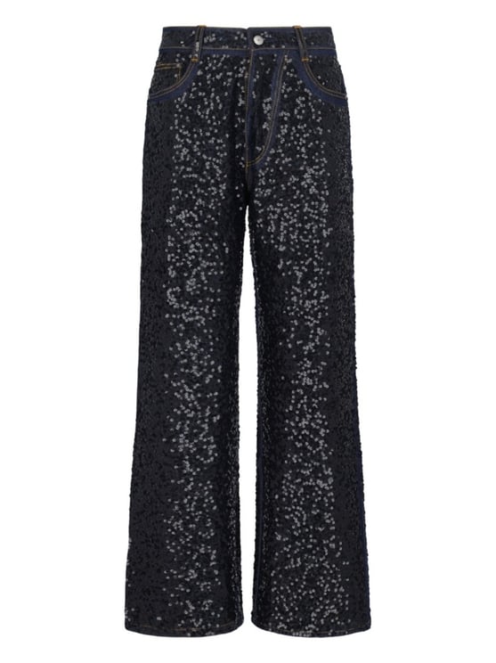 P.A.R.O.S.H. "Guff" Sequin Straight Jeans In Black Stretch Denim