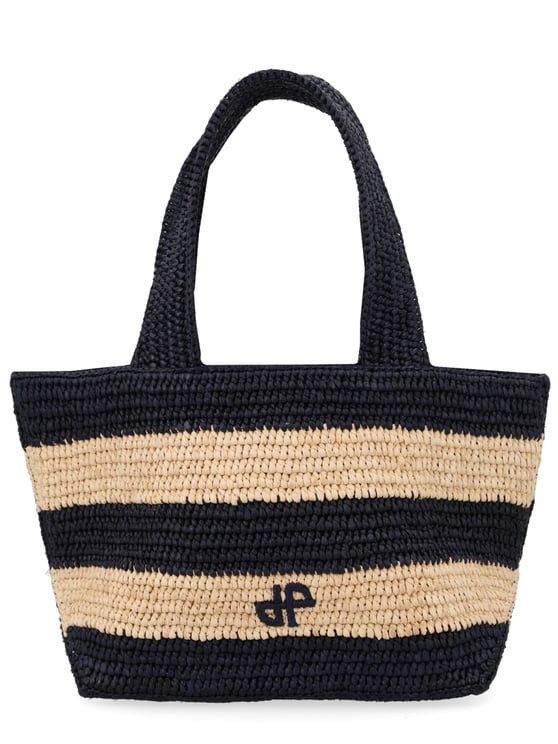 Patou Black Striped Woven Raffia Tote Bag