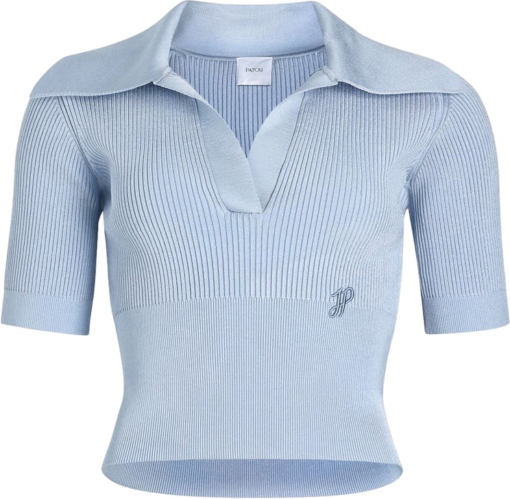 Patou Light Blue Ribbed Knit Polo Top