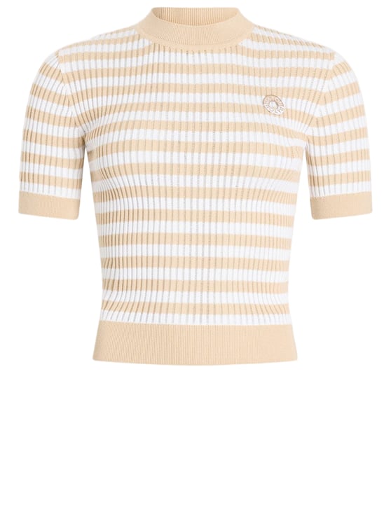Patou White Striped Ribbed Cotton Knit Top