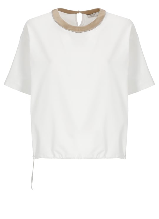 Peserico White Cotton-Blend Silk-Trim T-Shirt