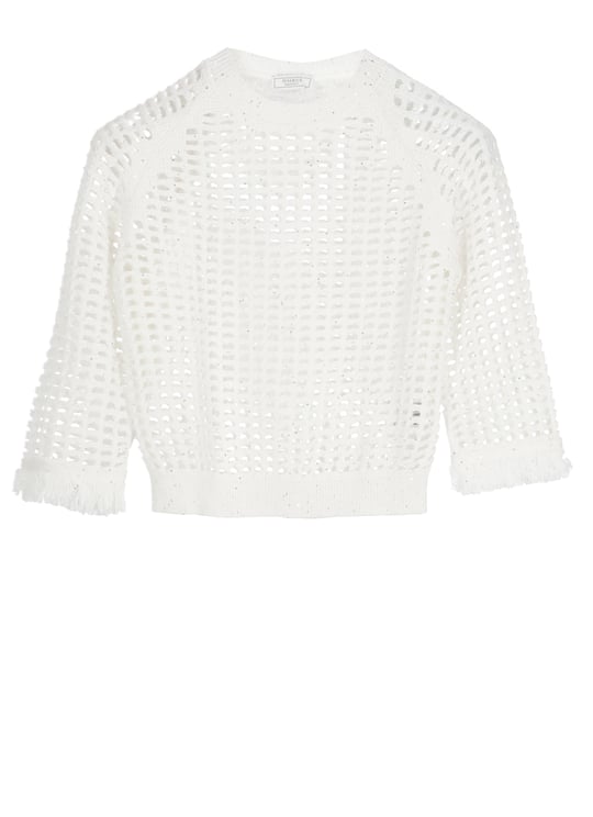 Peserico Ivory Cotton Sequin Perforated Sweater