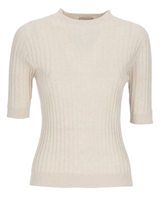 Peserico Beige Ribbed Pattern Cotton Knit Top